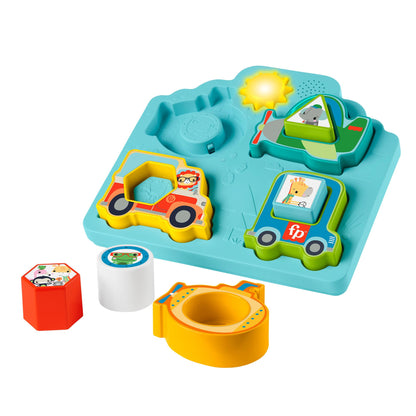 Fisher-Price baby sorting toy with colorful vehicle shapes, sounds, lights, and music for fine motor play for infants 9 months and older.