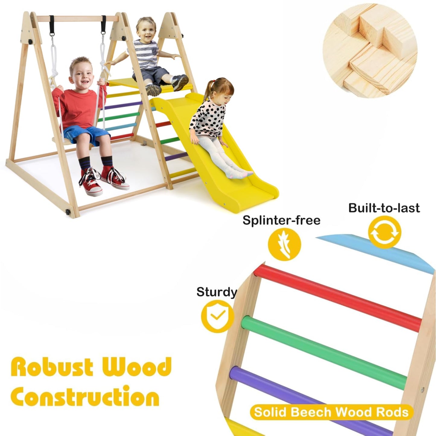 Maxmass 3-in-1 Kids Climbing Frame, Wooden Children Climber Playset with Swing, Slide and Ladder, Garden Toddler Jungle Gym Playground for Indoor Outdoor (Multicolor)