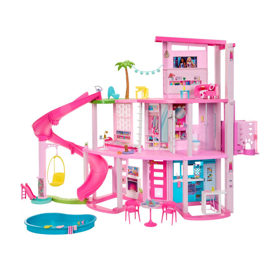 Barbie Dreamhouse toy, 3-storey with pool, slide, elevator, and 75 accessories, showcasing vibrant play areas and design.
