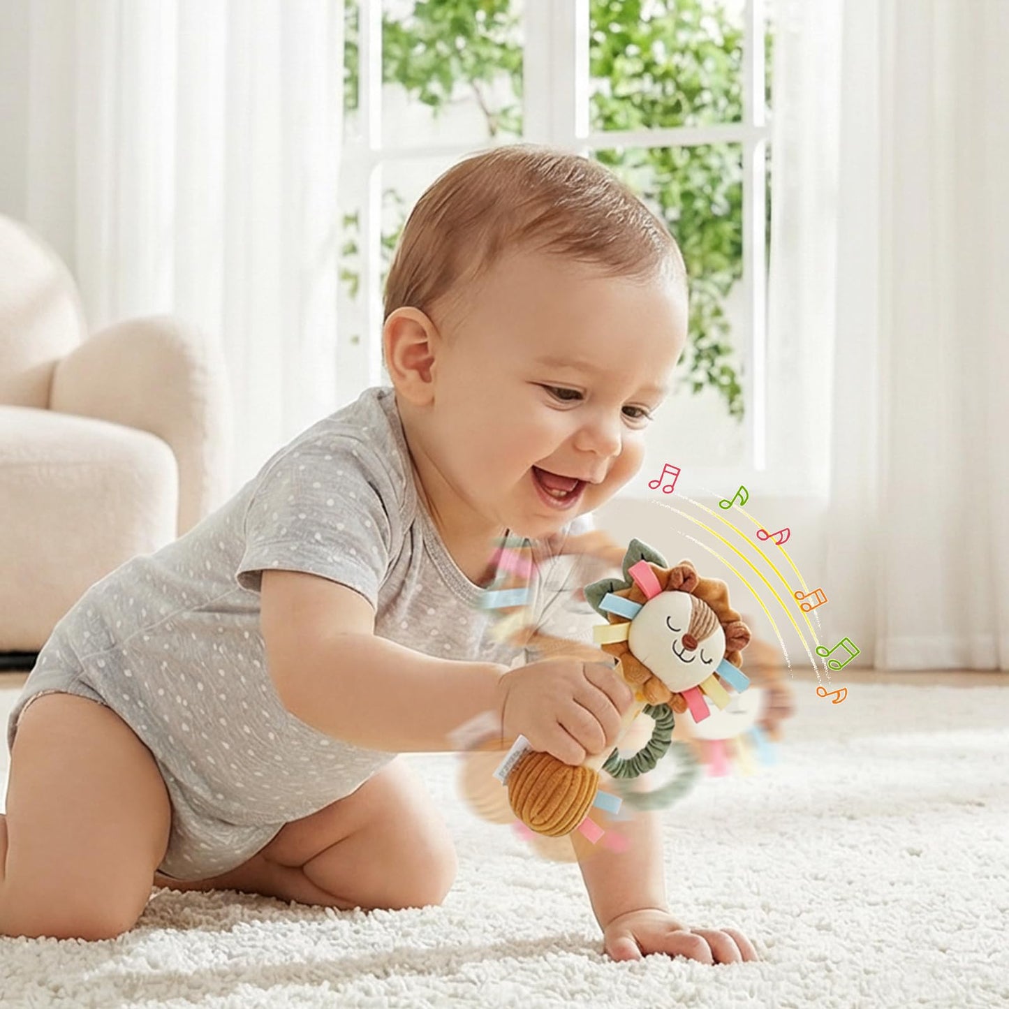 TYRY.HU Baby Rattle Toy,Plush Lion Sensory Shaker with Bells, Crinkle & Squeaker,Soft Sensory Toy with Sound for Newborn Infant Toddler Girls Boys 0-12 Months