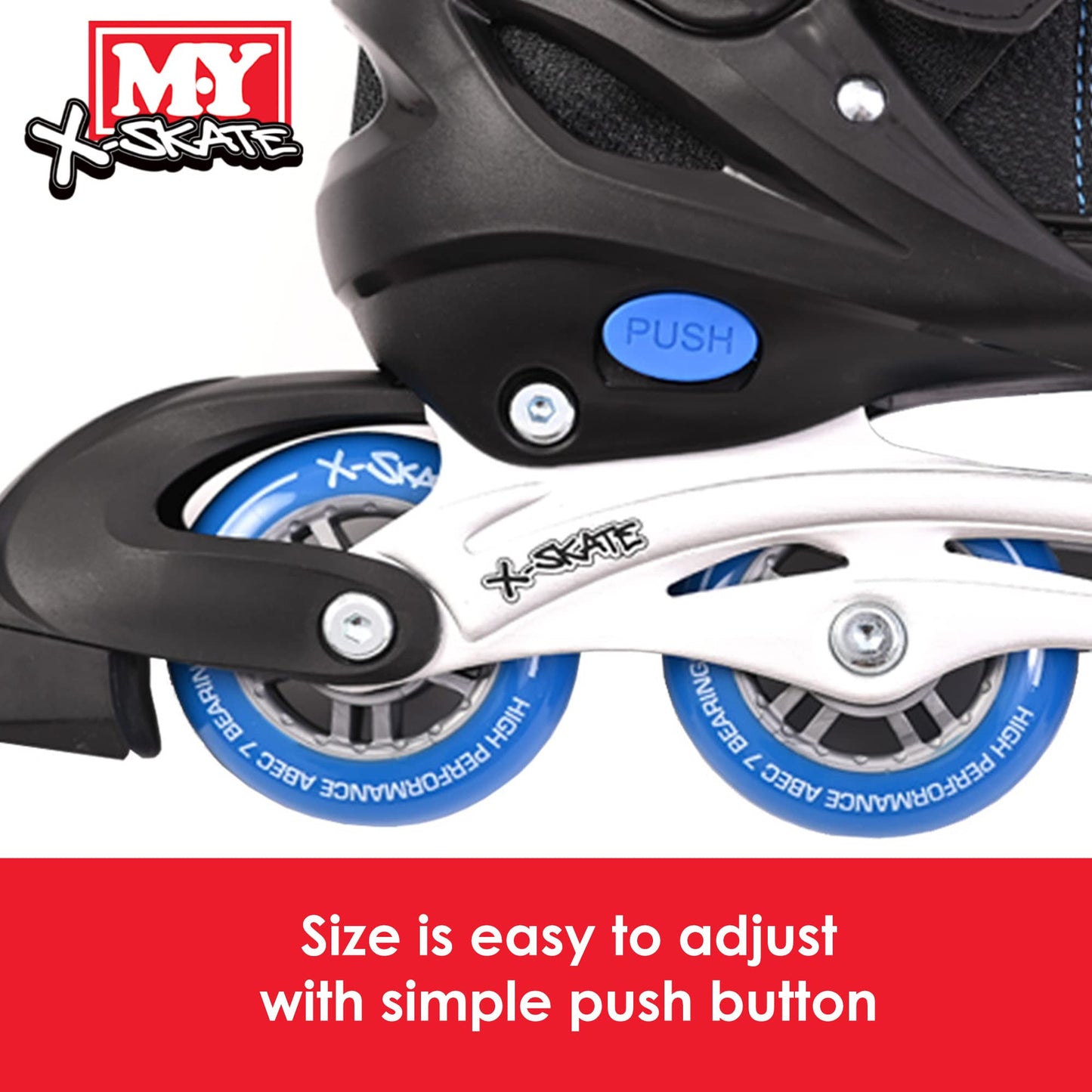 M.Y X-Skate Adjustable Blue Inline Roller Skates with Built In Adjusters Kids Roller Boots for Boys & Girls - Medium