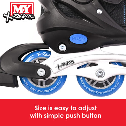 M.Y X-Skate Adjustable Blue Inline Roller Skates with Built In Adjusters Kids Roller Boots for Boys & Girls - Medium