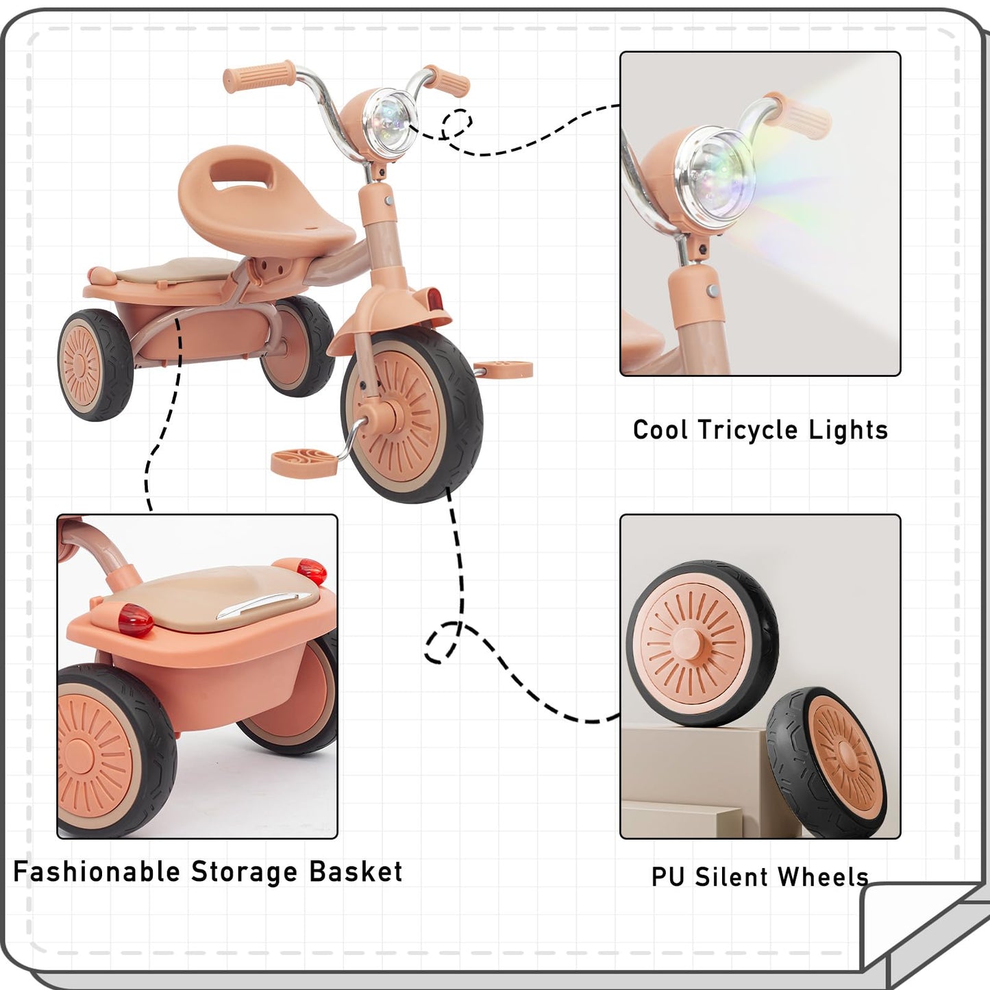UBRAVOO Baby Tricycle, Foldable Toddler Trike with Pedals, Cool Lights, Durable Wheels and Comfortable Seat, Baby First Walker Trike for 1-5 Years Old Girls, Boys (Pink-black)