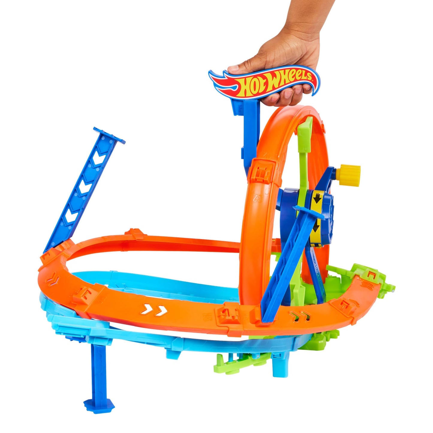 Hot Wheels toy car track set featuring a figure 8 design, loop-kicker booster, and a 1:64 scale die-cast vehicle.