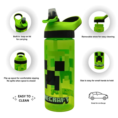 Minecraft Atlantic Creeper Drinks Bottle with Logo | Eco Freindly BPA-free Plastic School Water Bottle with Removable straw, spill Proof | Gift for Minecraft fan | Official Merch 600ML