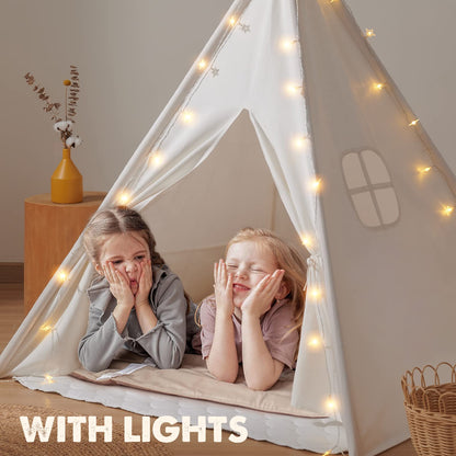 Tiny Land kids teepee tent in raw white canvas with padded mat, light string, and carry case, ideal for indoor and outdoor play.