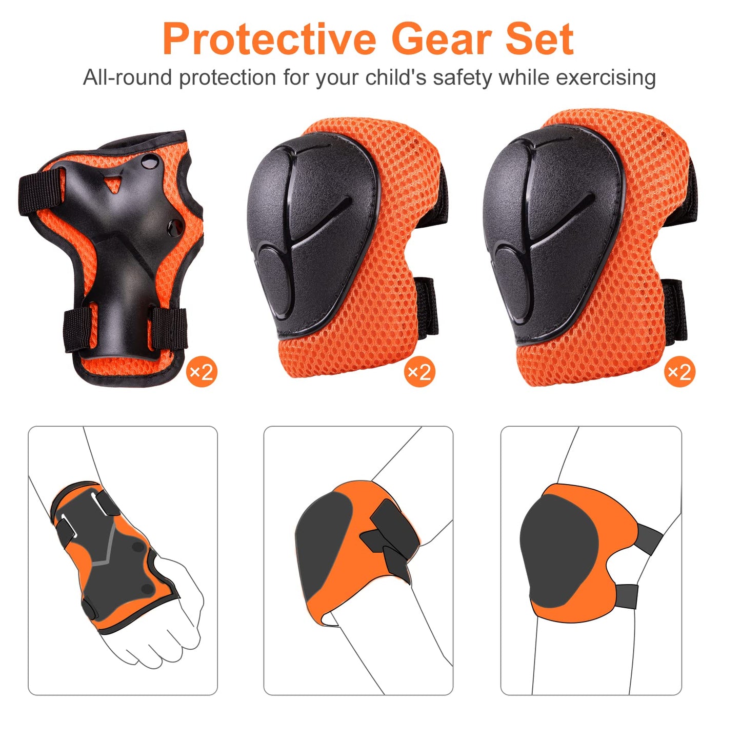 Kids Helmet Pads Set for 2-8 years old Toddler Bike Helmets Lightweight Safety Helmet Elbow Knee Pads Protection Gear for Skateboard Scooter Skating, Gifts for Boys Girl (Orange)
