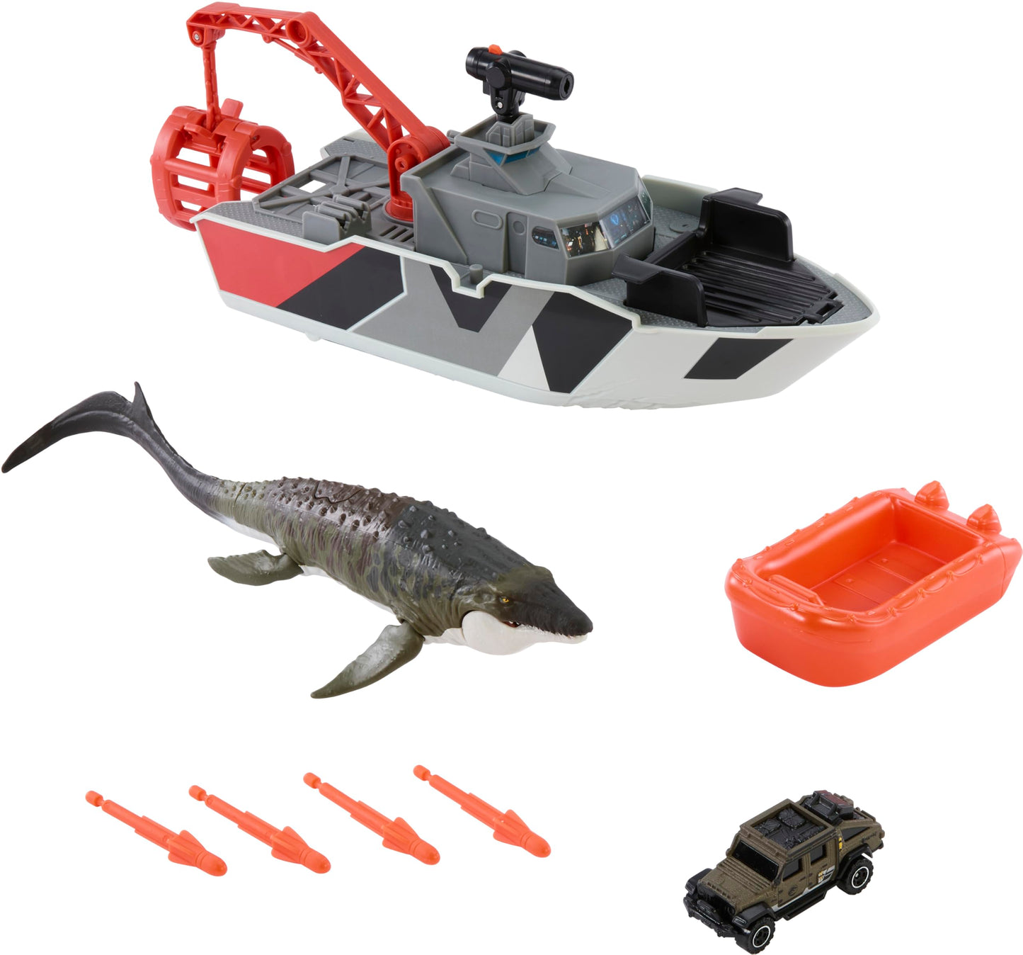 Mattel Jurassic World: Rebirth Matchbox Toy Car Playset, Jurassic World 12.5” Dino Boat with 13” Mosasaurus Dinosaur, 1:64 Die-Cast Jeep, Harpoon Missiles & Detachable Rescue Boat, JGG61