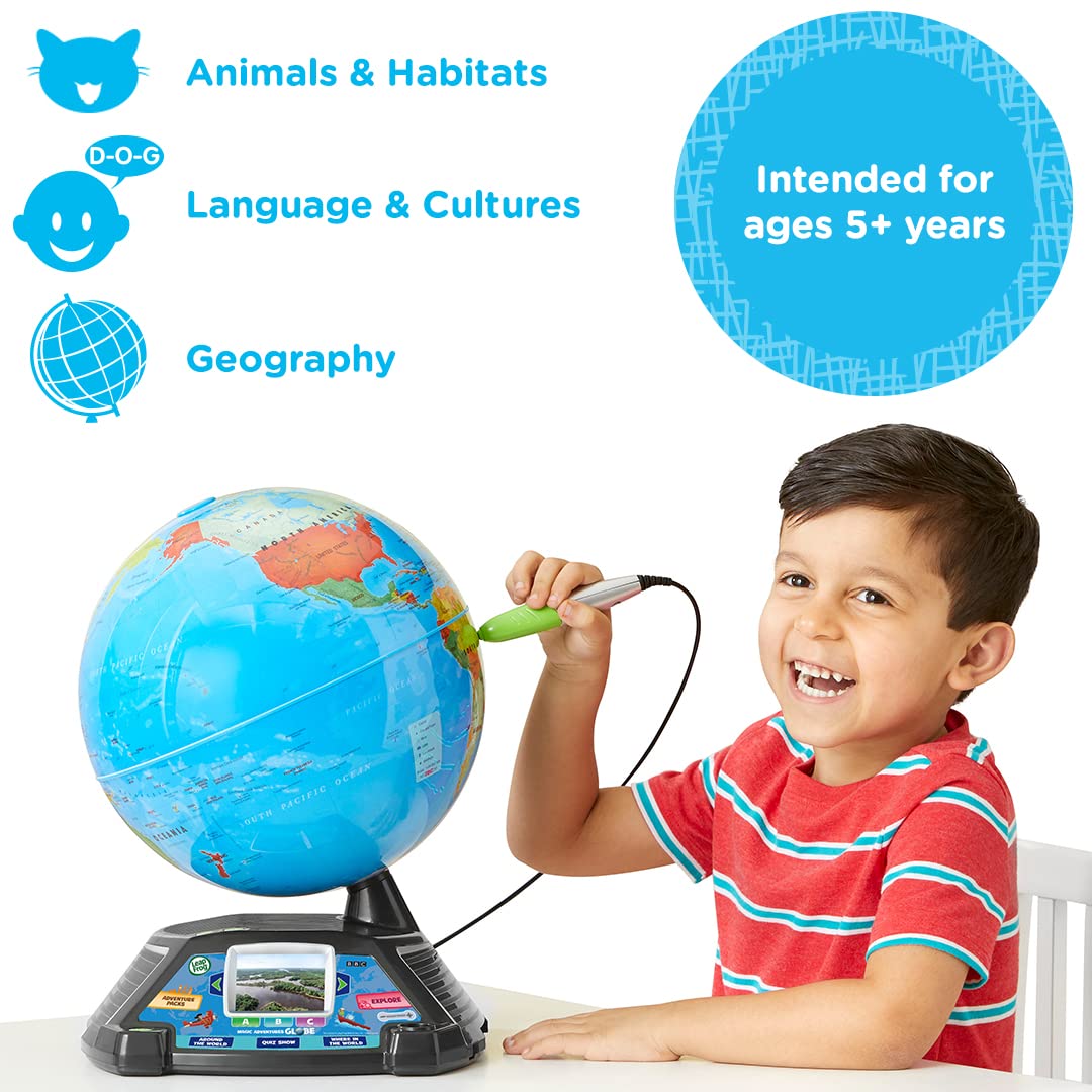 LeapFrog Magic Adventures Globe for kids featuring a 2.7-inch LCD screen, interactive educational games, and colorful globe imagery.