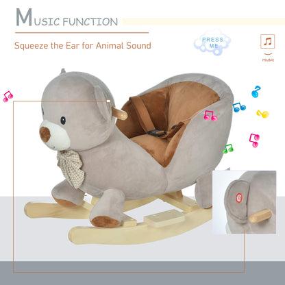 HOMCOM Kids Children Rocking Horse Plush Ride On Bear Seat w/Sound Wood Base Seat Safety Belt Toddler Baby Toy for 18-36 Months Grey