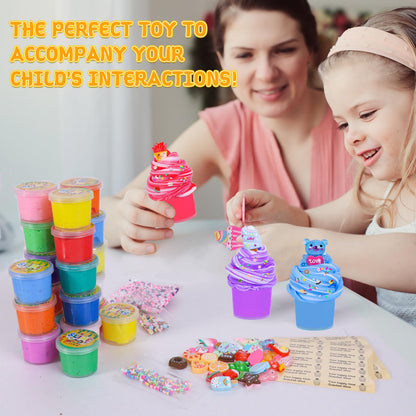 FODYNE 15-pack mini butter slime kit with cotton candy and fruit scents, soft, non-sticky slime for kids' stress relief and DIY fun.