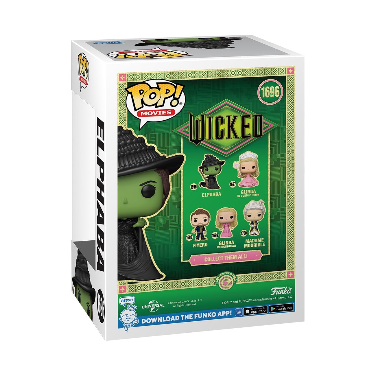 Funko Pop! Wicked Elphaba vinyl figure, collectible model with green skin and black dress, ideal for fans and display.