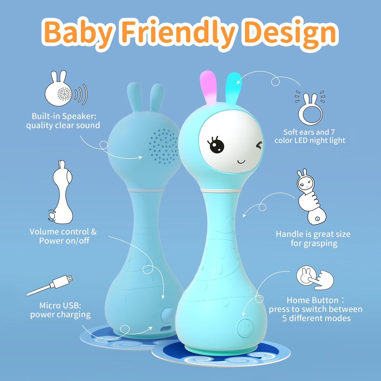 Alilo Smarty Bunny baby rattle toy with colorful design, multi-sensory modes, and Montessori-inspired features for infants 0-24 months.