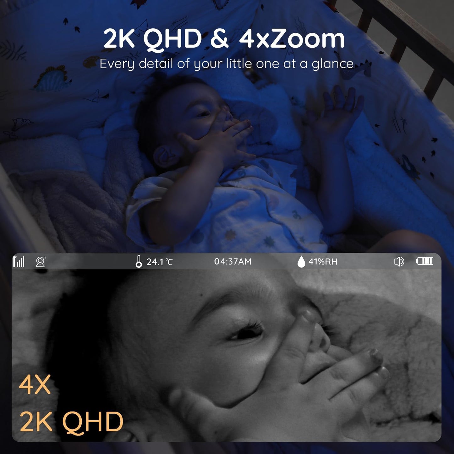 Boifun 2K WiFi baby monitor with 5-inch screen, night vision, PTZ camera, smart night light, and temperature-humidity display.