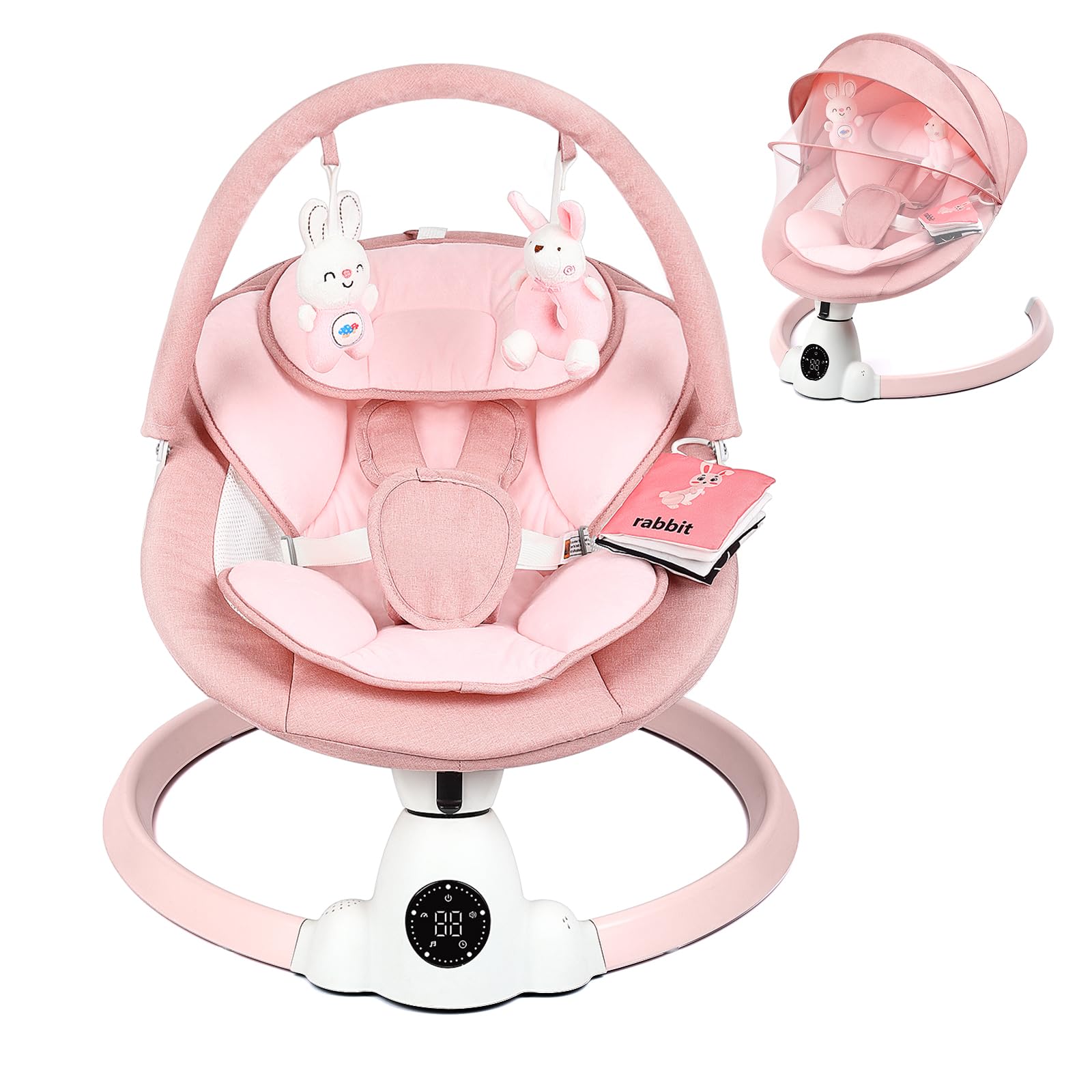 Pink portable baby bouncer with swing, Bluetooth, remote control, touch panel, 5 lullabies, 5 swing speeds, and 5-point harness.
