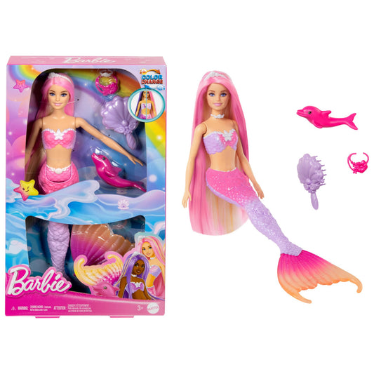 Barbie Mermaid Doll "Malibu" with pink hair, styling accessories, and pet dolphin showcasing color change feature.