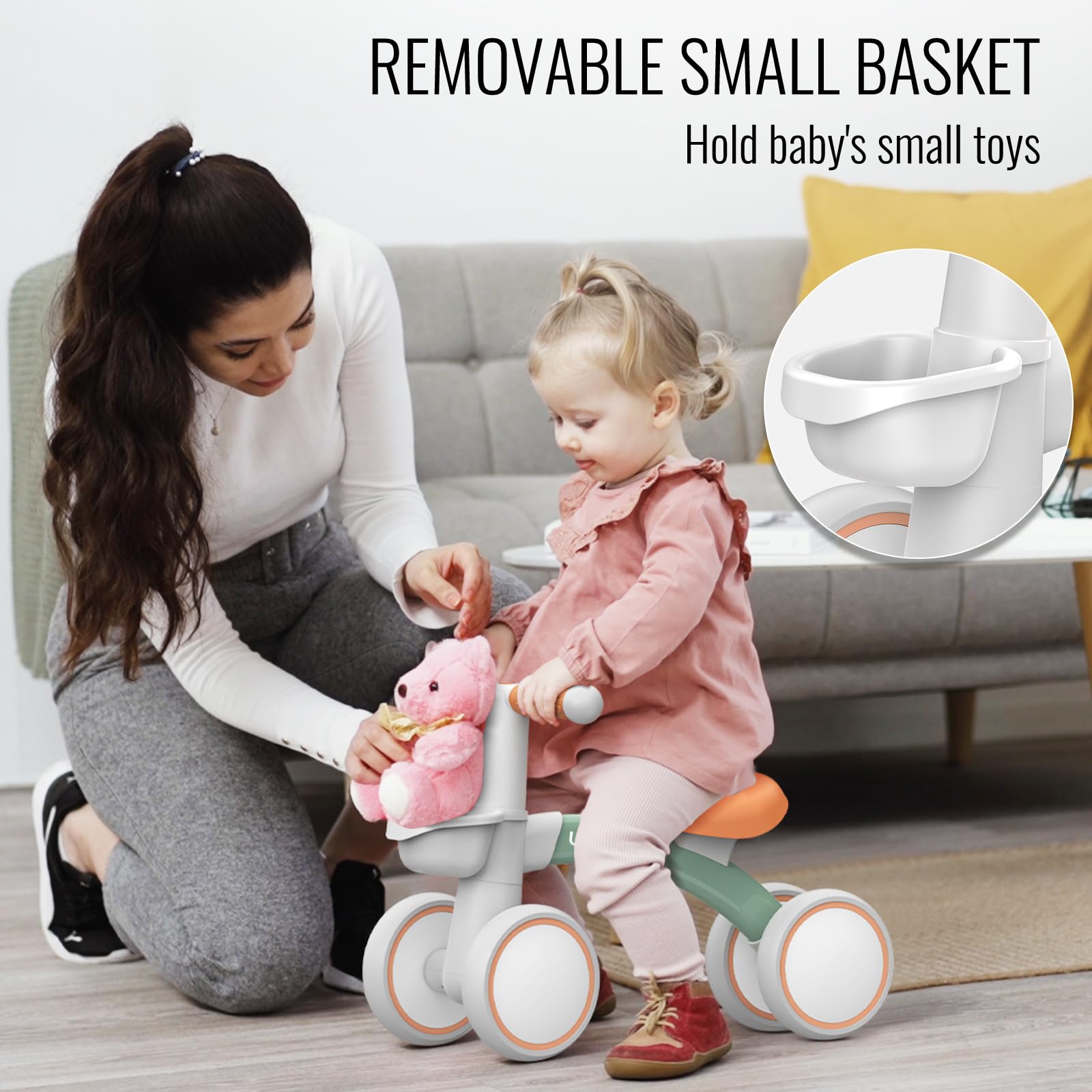 Umatoll baby balance bike in green with removable basket, adjustable seat, and four wheels for toddlers aged 1-2 years.