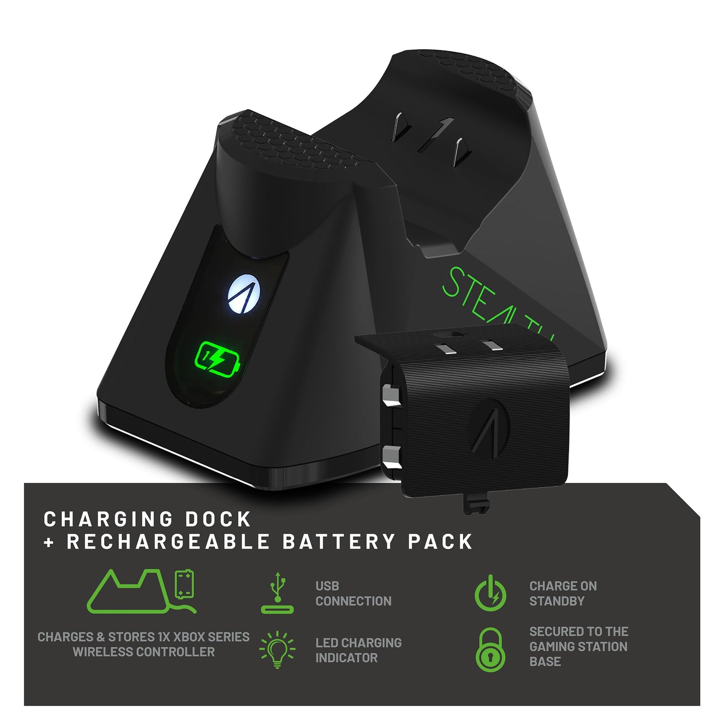 STEALTH Ultimate Gaming Station for Xbox Series X/S with matching headset, controller stand, braided USB-C cable, and rechargeable battery pack