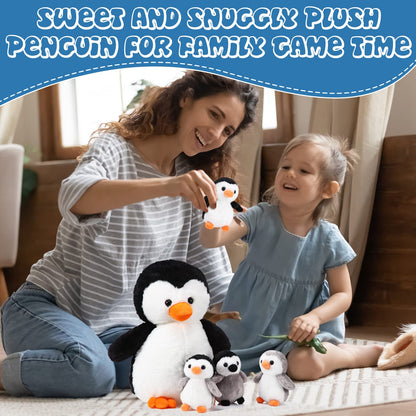 Harrycle 5 Pcs Stuffed Animal Penguin Plush Toy Set 14 Inch Mommy Penguin Stuffed Animal with 4 Cute Babies in Zippered Belly Soft Cuddly Plushie for Kids Gifts(Lovely Style)