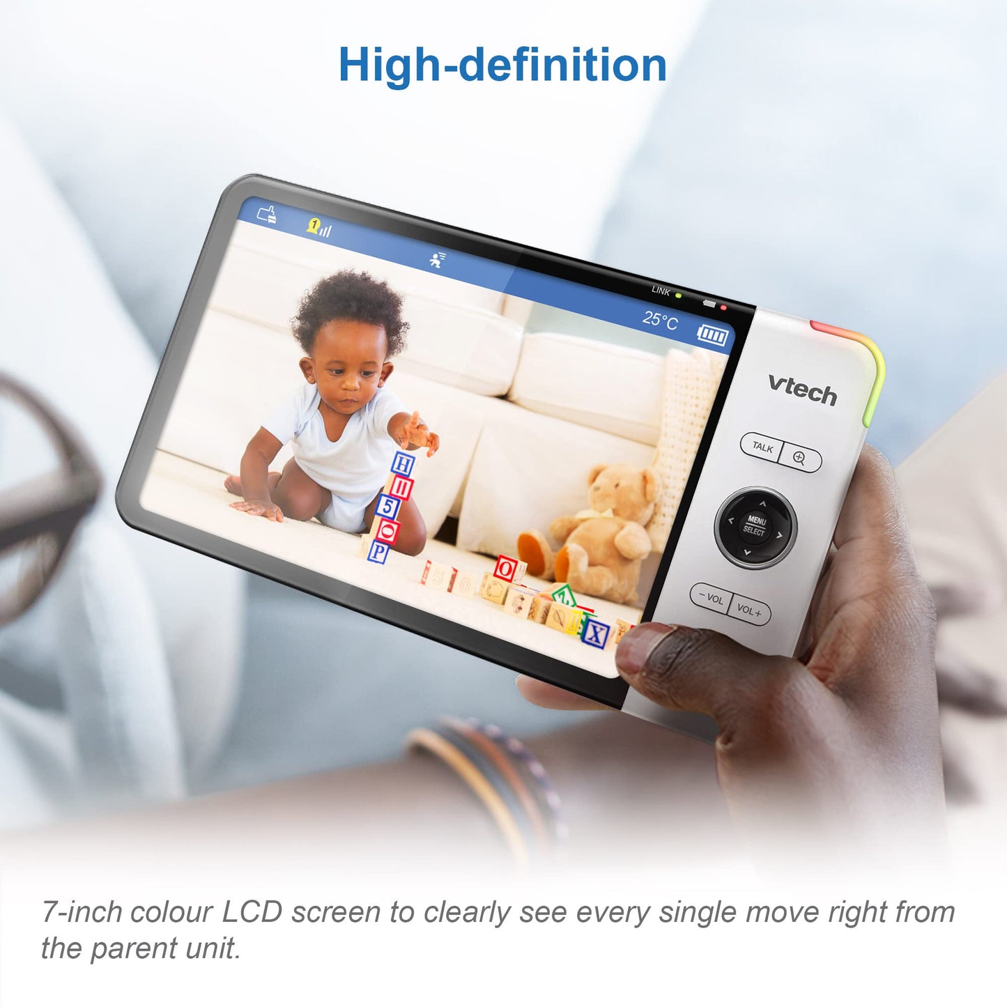 VTech VM919HD baby monitor with 7-inch HD display, wide-angle camera, night vision, and 360° pan and tilt functionality.