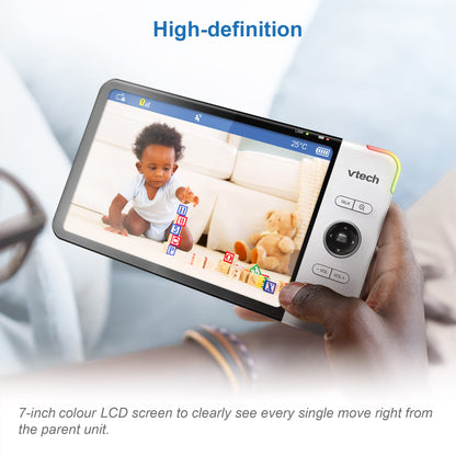 VTech VM919HD baby monitor with 7-inch HD display, wide-angle camera, night vision, and 360° pan and tilt functionality.