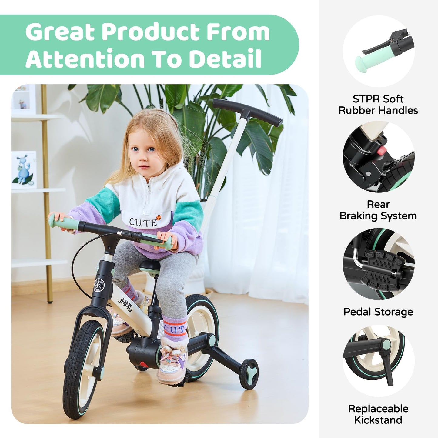 JMMD 6-in-1 Toddler Bike with Training Wheels and Pedals, 12 inch Convertible and Foldable Balance Bike & Pedal Bike with Adjustable Parent Handle, Kickstand, Brakes for kids, Age 18 Months-5 Years