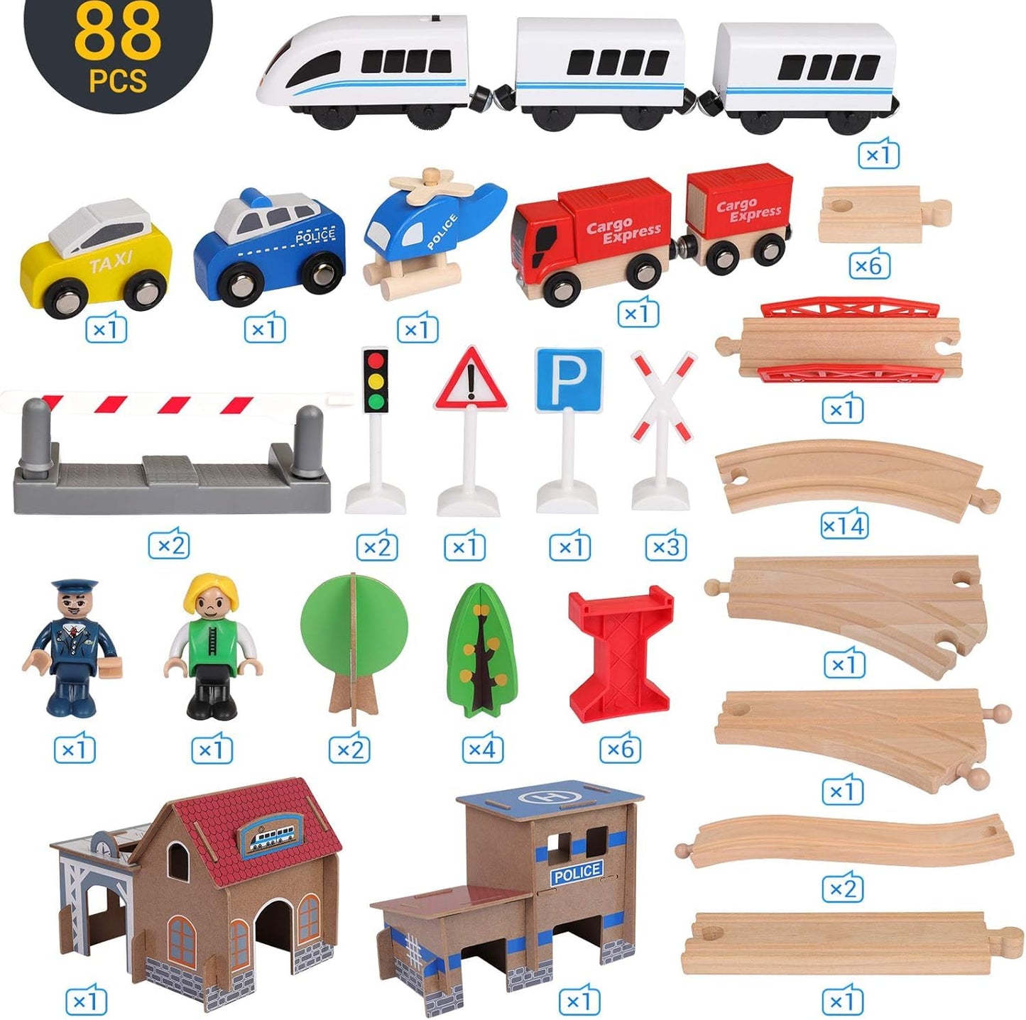 Wooden train tracks set with railway station, electric train, and wooden train toys for kids ages 3 and up, by WY8.