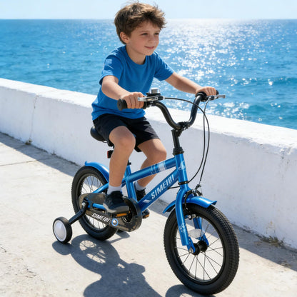 SIMEIQI kids bike for ages 3-9 with stabilizers, kickstand, dual handbrakes, and adjustable seat in vibrant colors.
