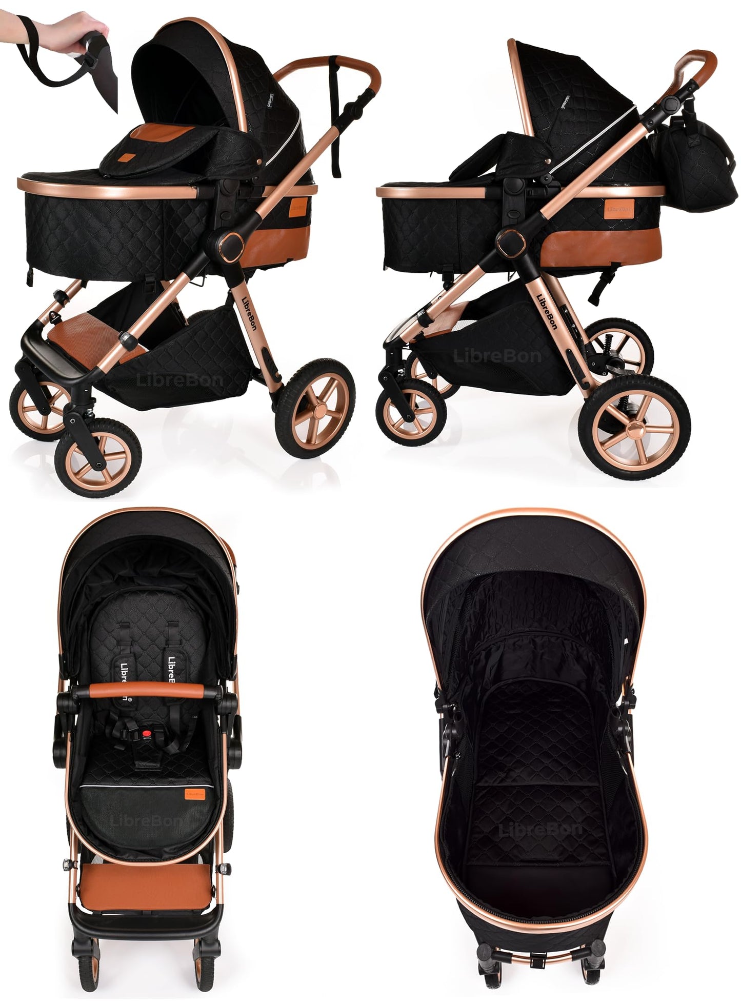 Boneelook 3-in-1 baby buggy pram stroller with lightweight aluminum frame, black and rose gold design, suitable for newborns and toddlers.