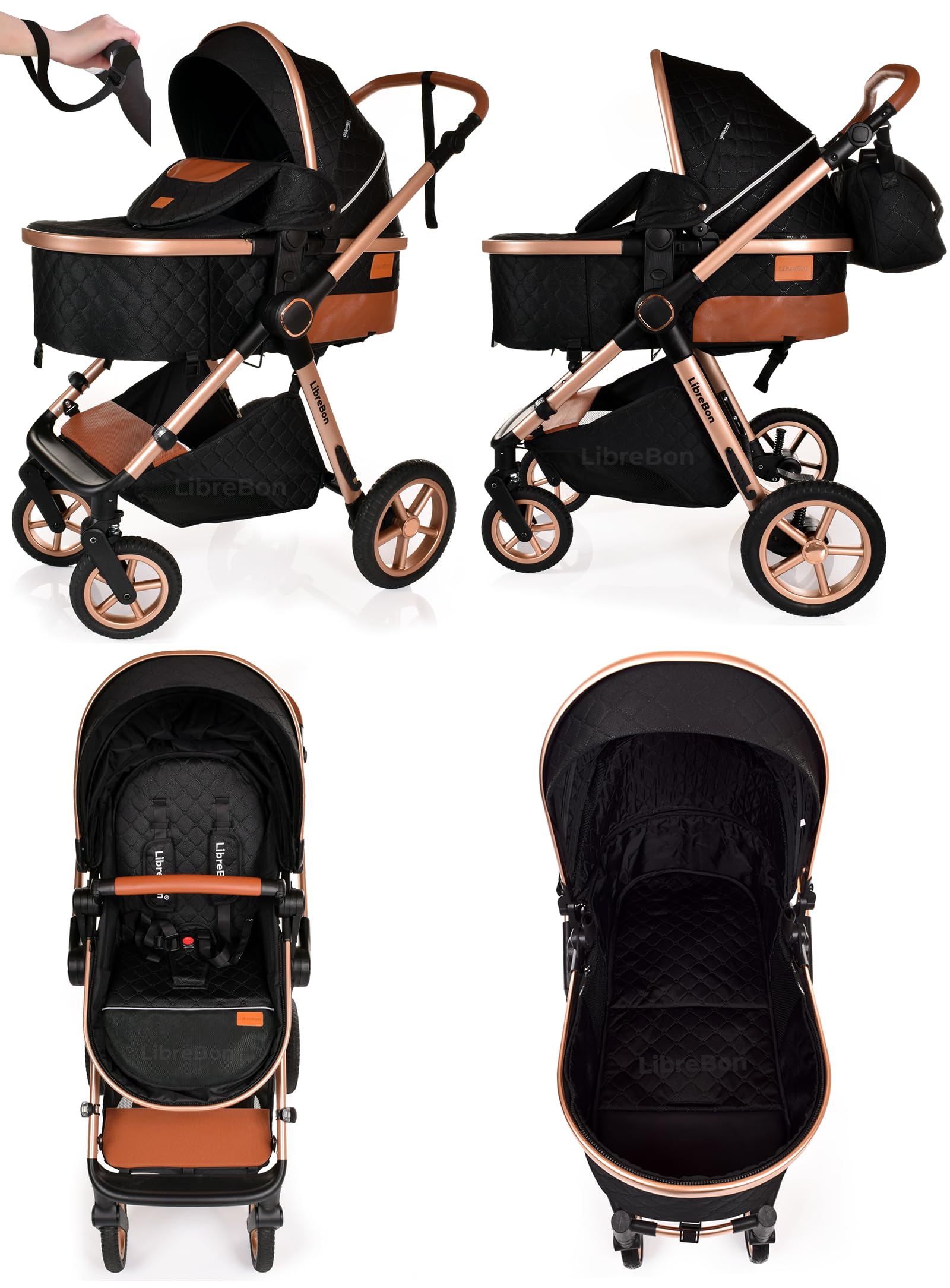 Boneelook 3-in-1 baby buggy pram stroller with lightweight aluminum frame, black and rose gold design, suitable for newborns and toddlers.