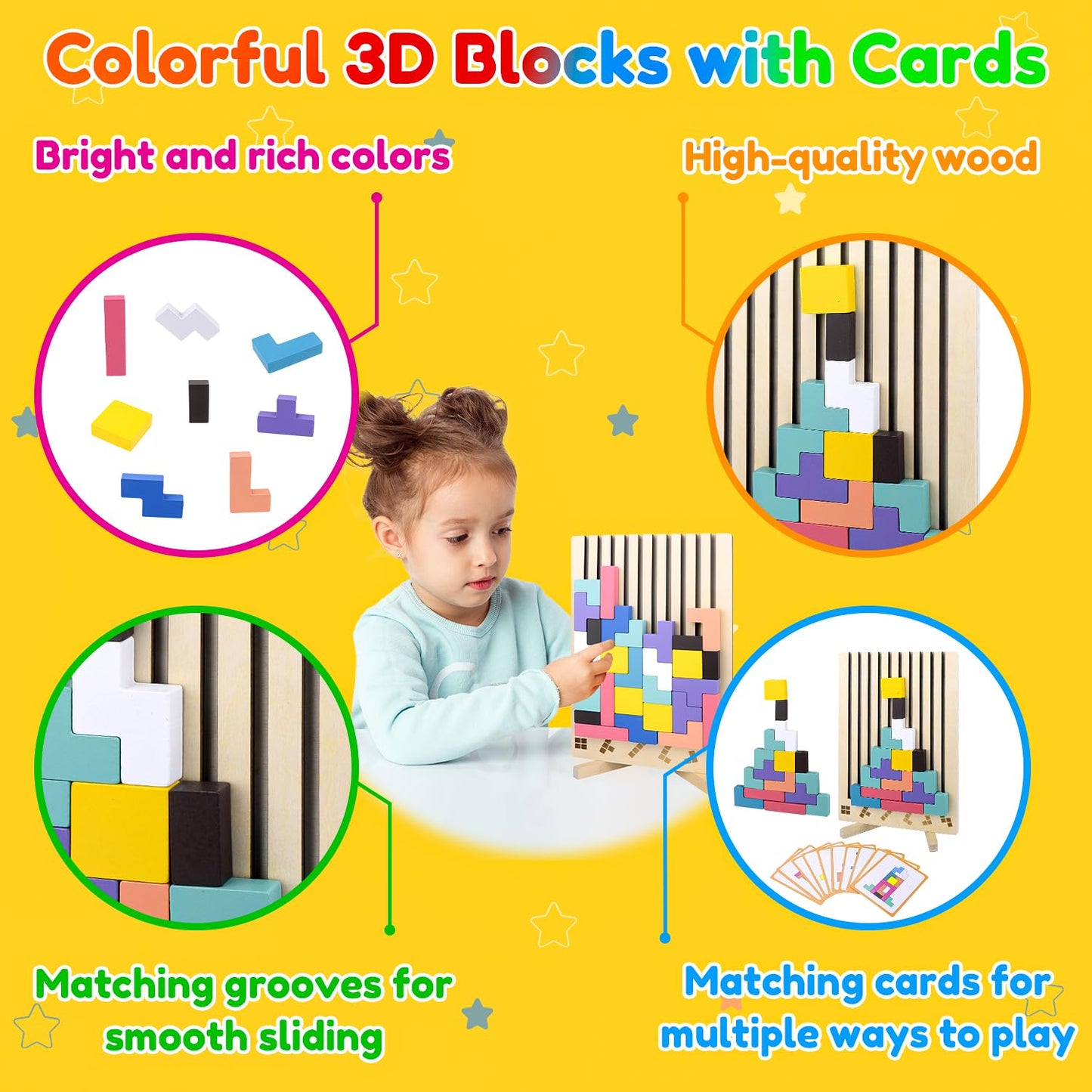 Bukbas Wooden Stacking Puzzle Toy, Wooden Blocks Tangram Jigsaw Puzzle Toys for Kids Boys Girls, Intelligence Colorful 3D Blocks with 10 Cards Building Games, Stress Relief Toys Gifts