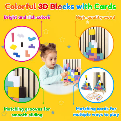 Bukbas Wooden Stacking Puzzle Toy, Wooden Blocks Tangram Jigsaw Puzzle Toys for Kids Boys Girls, Intelligence Colorful 3D Blocks with 10 Cards Building Games, Stress Relief Toys Gifts