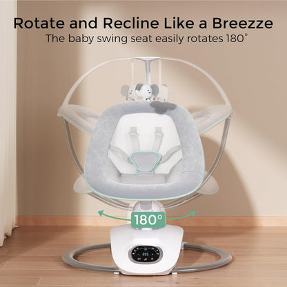 Momcozy CocoSway baby swing with 3D motion, remote control, and plush seat, designed for infants and toddlers up to 20 lbs.