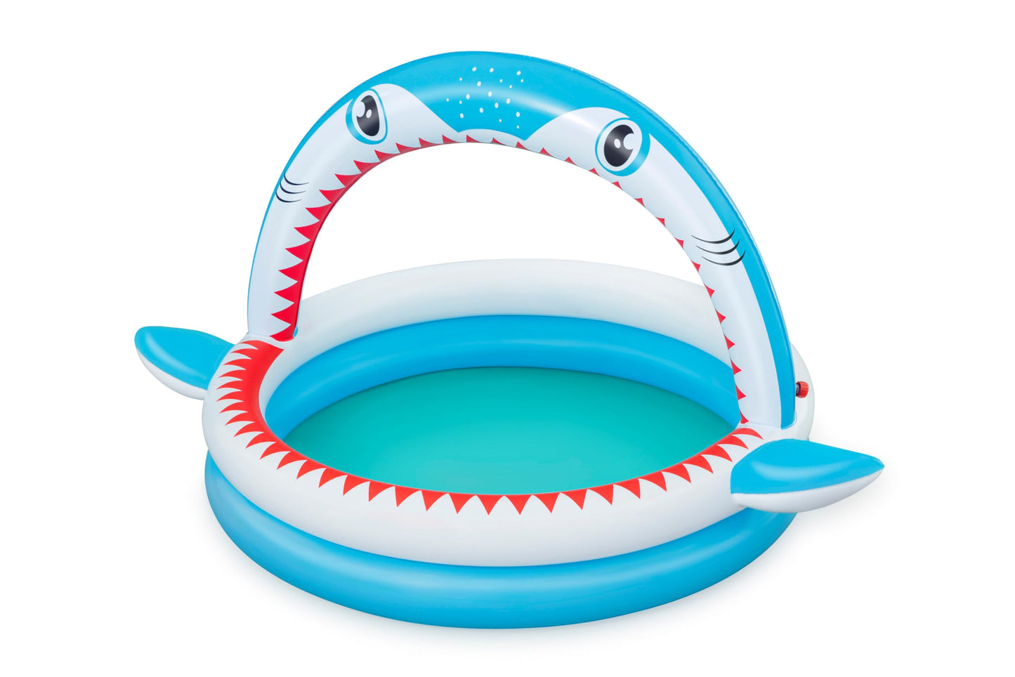 Bestway Shark Kids Inflatable Sprinker Play Pool, featuring a fun shark design and vibrant colors, 1.63 m x 1.27 m x 92 cm.