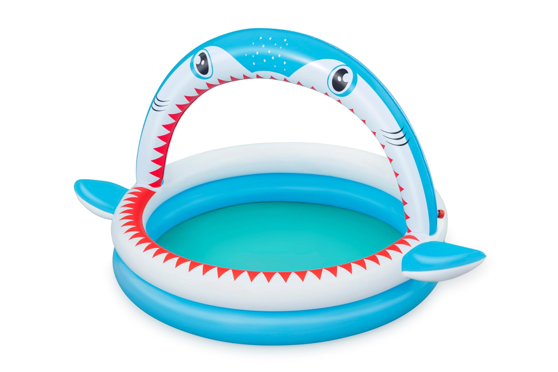 Bestway Shark Kids Inflatable Sprinker Play Pool, featuring a fun shark design and vibrant colors, 1.63 m x 1.27 m x 92 cm.