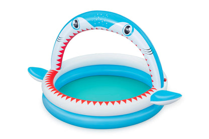 Bestway Shark Kids Inflatable Sprinker Play Pool, featuring a fun shark design and vibrant colors, 1.63 m x 1.27 m x 92 cm.