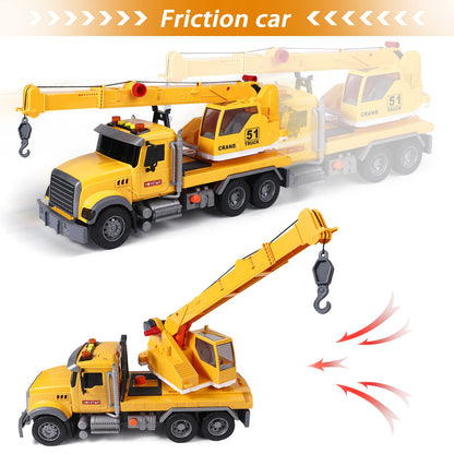 Tacobear Big Crane Truck Toys Gifts for Boys 3 4 5 6 7 8 Years 1/16 Scale Friction-Powered Vehicles Construction Wrecker Truck with Lights and Sounds Educational Boys Toy Gift for Kids Toddlers