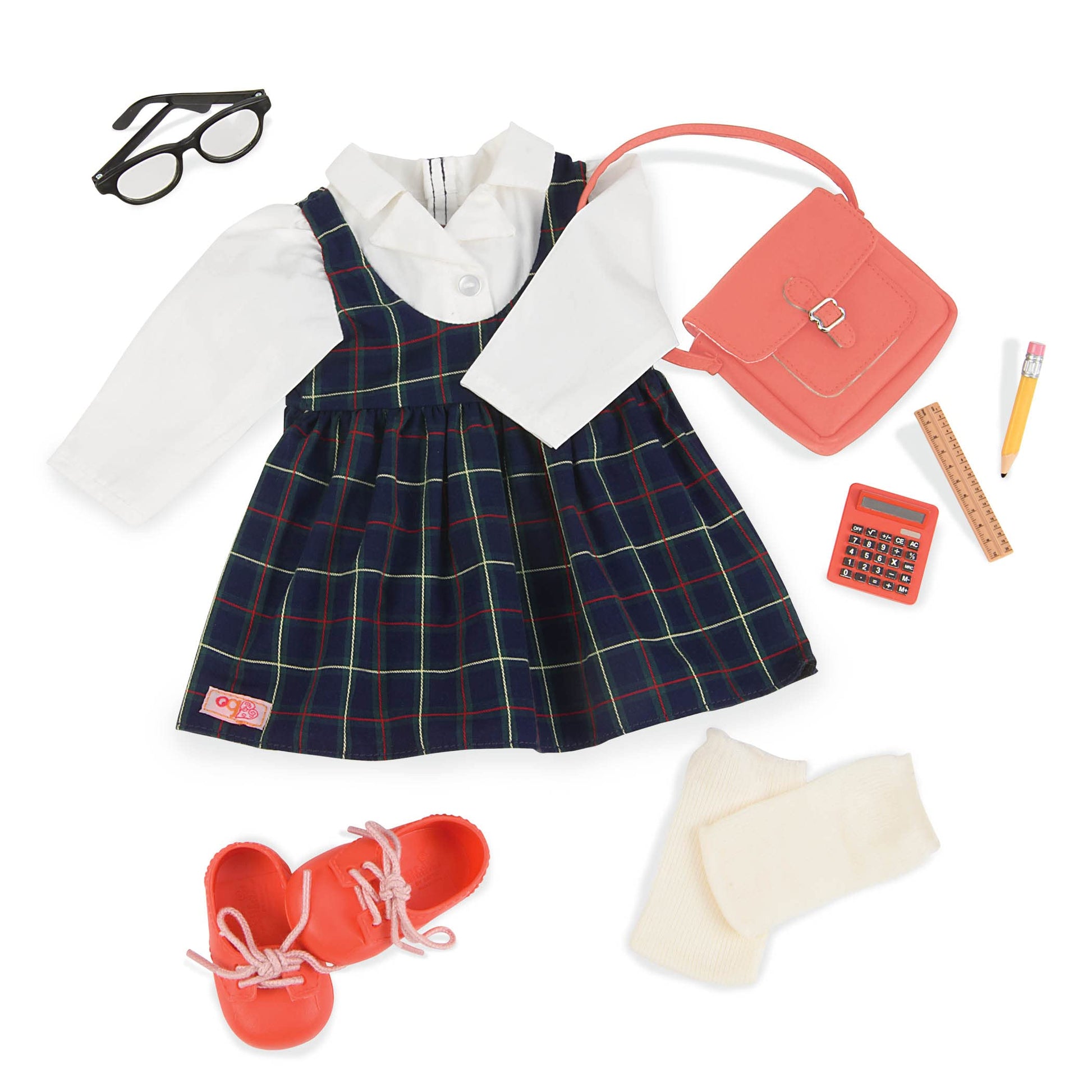 Deluxe stylish school uniform outfit for 18-inch dolls with classroom supplies, featuring eight pieces by Our Generation.