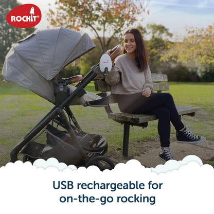 ROCKIT Rocker rechargeable baby sleep aid attached to stroller, showing adjustable speed controls and universal fit for prams and buggies.