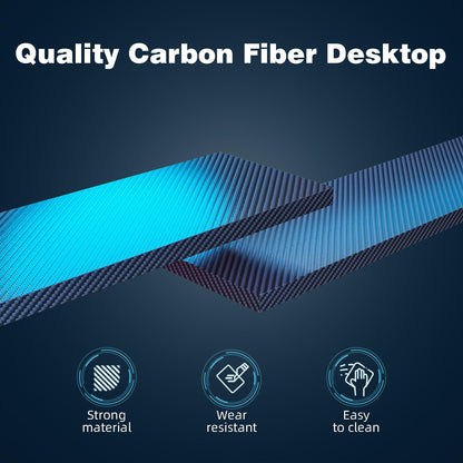 CAIYUN small gaming desk with LED lighting, power outlets, full monitor stand, black carbon fiber surface, metal frame for home office
