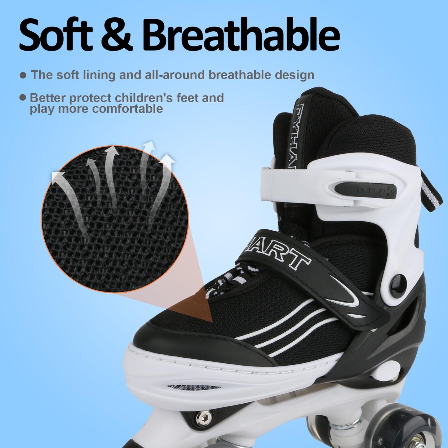 Kids MGYZM roller skates for girls and boys with adjustable fit, light-up wheels, suitable for indoor and outdoor use, white and black.