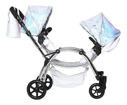 Roma Polly Dolls Pram 2-in-1 Dolls Pushchair, Double Buggy with Convertible Seat, Adjustable Handle, Foldable Canopy, Mermaid Print, Suitable for Ages 3-16, Perfect or Christmas