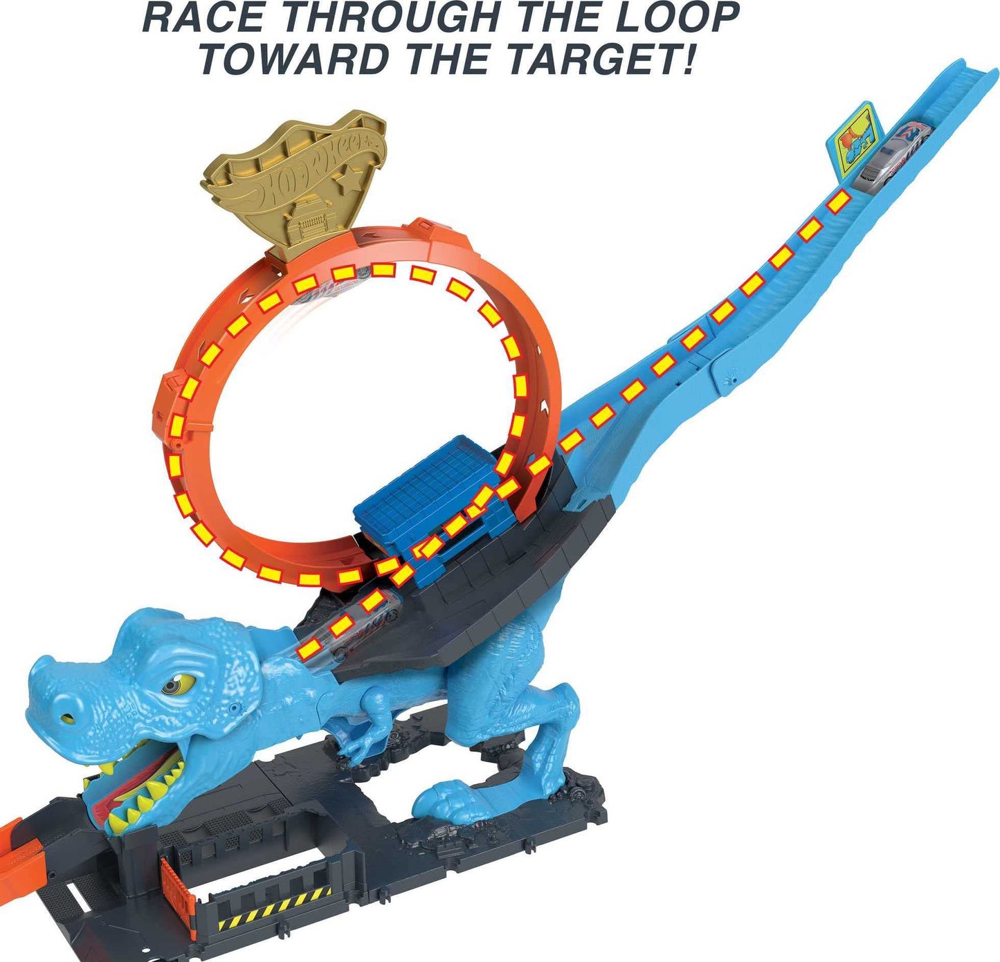 Hot Wheels City Racetrack with T-Rex Chomp Down, featuring a giant loop and a 1:64 scale toy car for ages 4 and up.