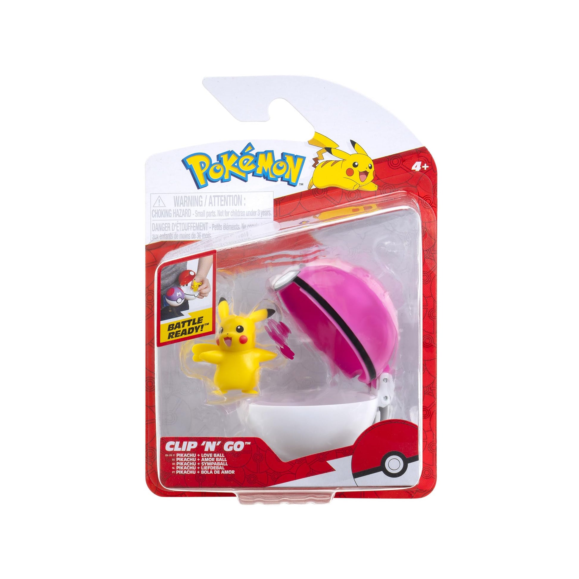 2-inch Pikachu battle figure with Love Ball accessory from Pokémon Clip ‘N’ Go, displayed on a white background.