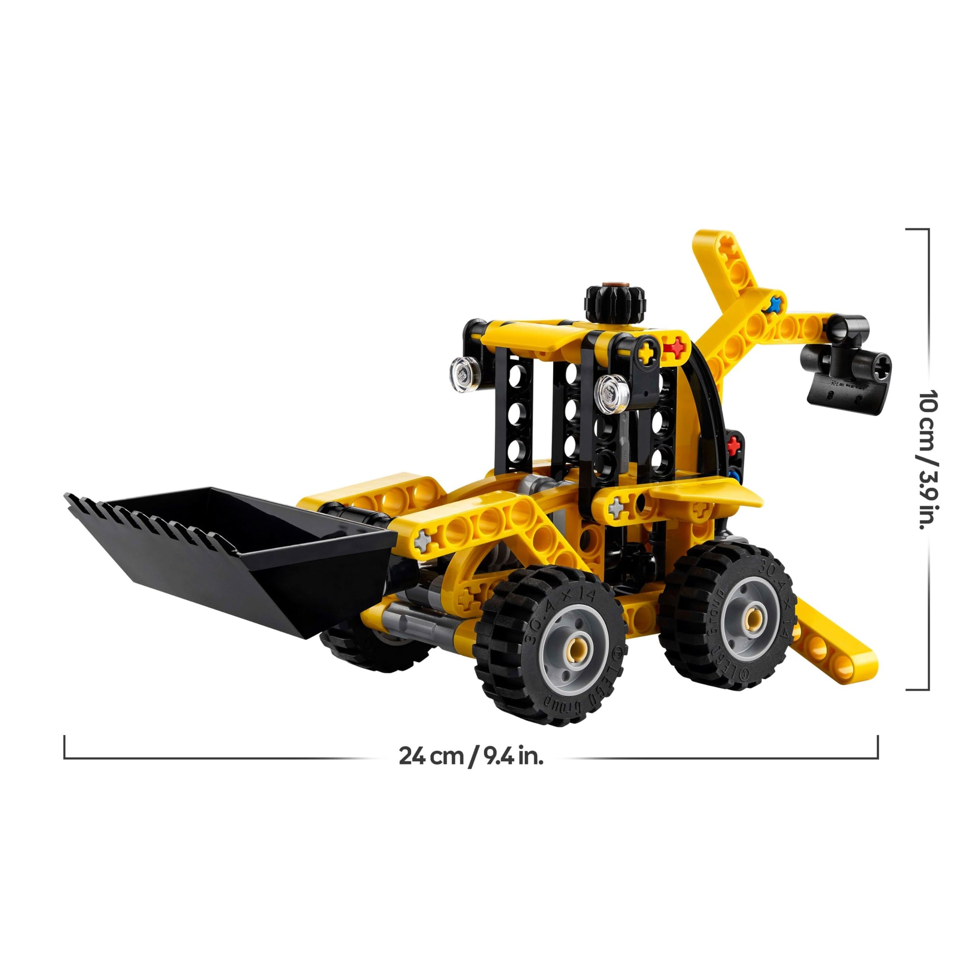 LEGO Technic Backhoe Loader toy with back digger, scoop, and outriggers for kids aged 7 and up.