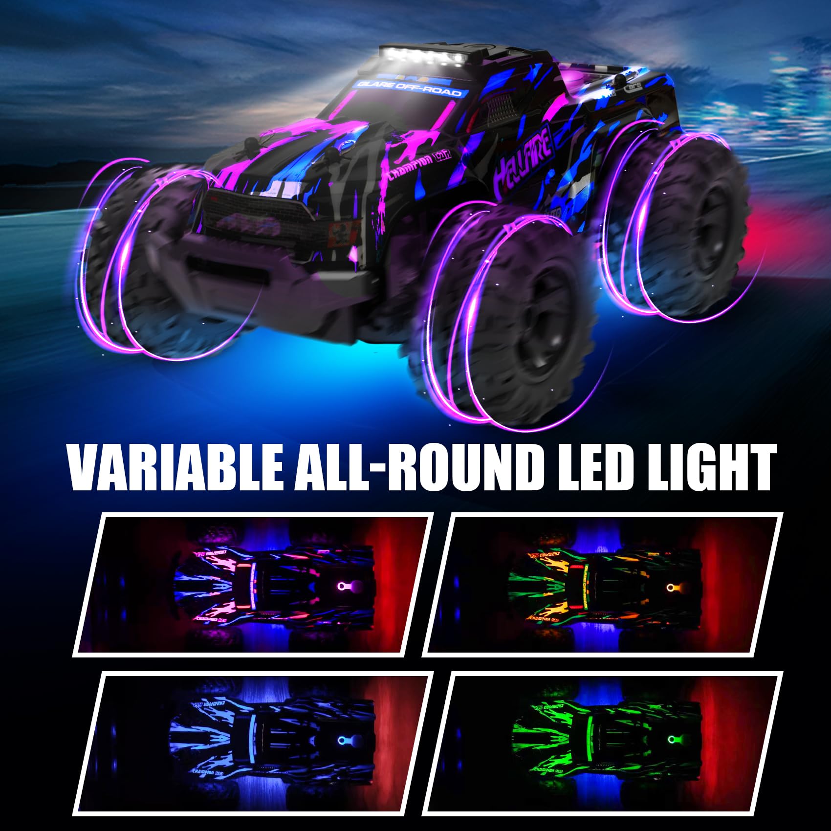 BAZADER 1:18 remote control RC truck with LED lights, off-road tires, spray feature, high-speed racing design for kids and adults