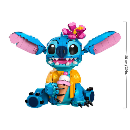 LEGO Disney Stitch toy figure holding an ice-cream cone and decorative flower, perfect for fans of Lilo & Stitch.