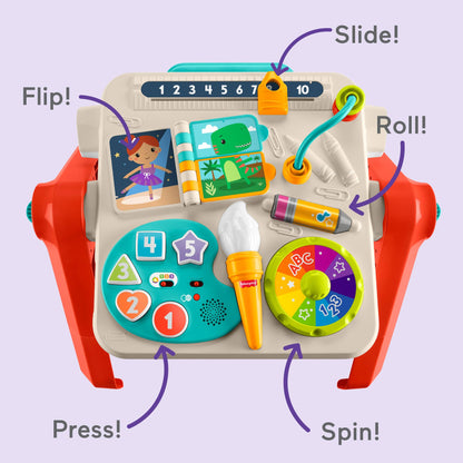 Fisher-Price Laugh & Learn 4-in-1 activity table and art easel with colorful toys, musical features, for babies 6+ months.