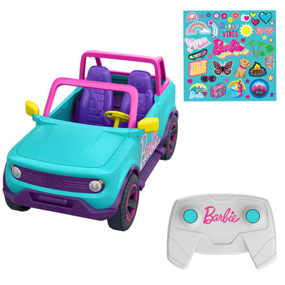 Barbie Hot Wheels remote control SUV with storage for 2 dolls and kid-applied stickers for customization.