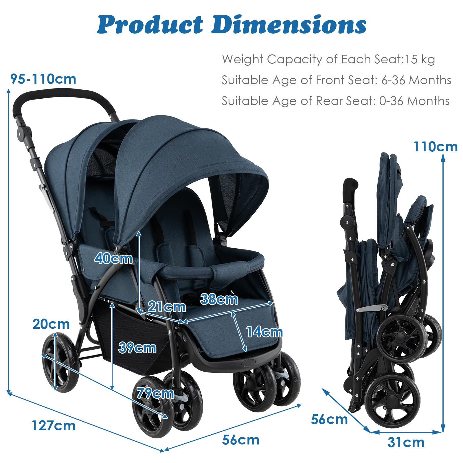 COSTWAY double seat pushchair with navy fabric, foldable twin stroller featuring adjustable backrests, sunshade, safety belts, and storage basket